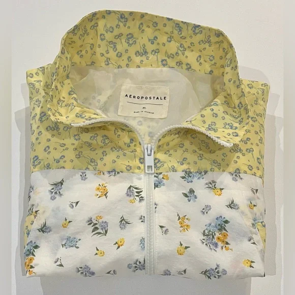 Aeropostale Windbreaker Cropped Zip Up Drawstring Waist White Yellow XL - Picture 15 of 15